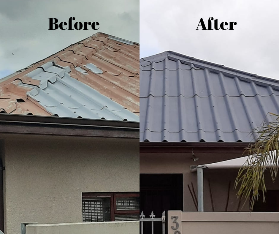 Pressed metal tile-profile roof with its old coating peeling back to bare steel, and the same roof after being recoated in charcoal